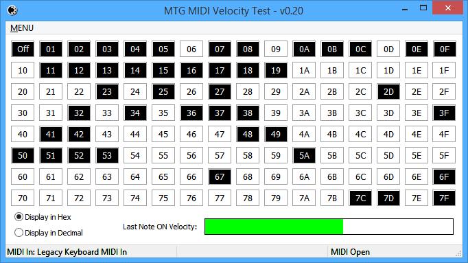 MIDI Velocity Test results for the Oxygen 8 controller